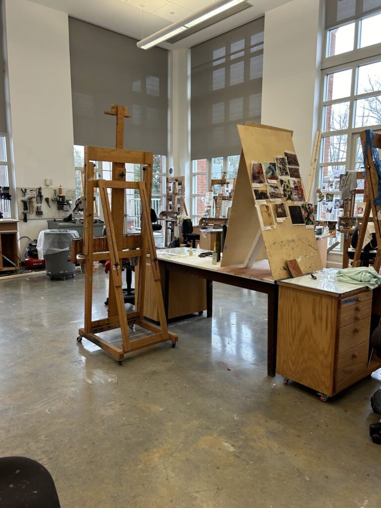 Easels and works in progress in an artist’s studio