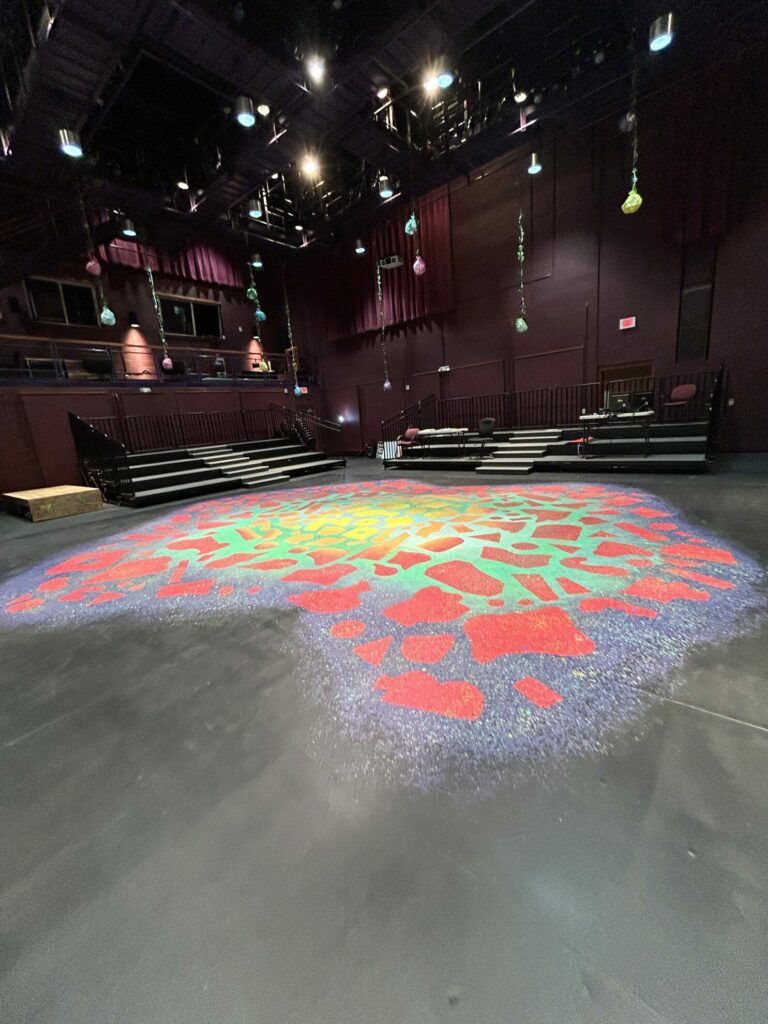 A black-box theater with a painted stage floor